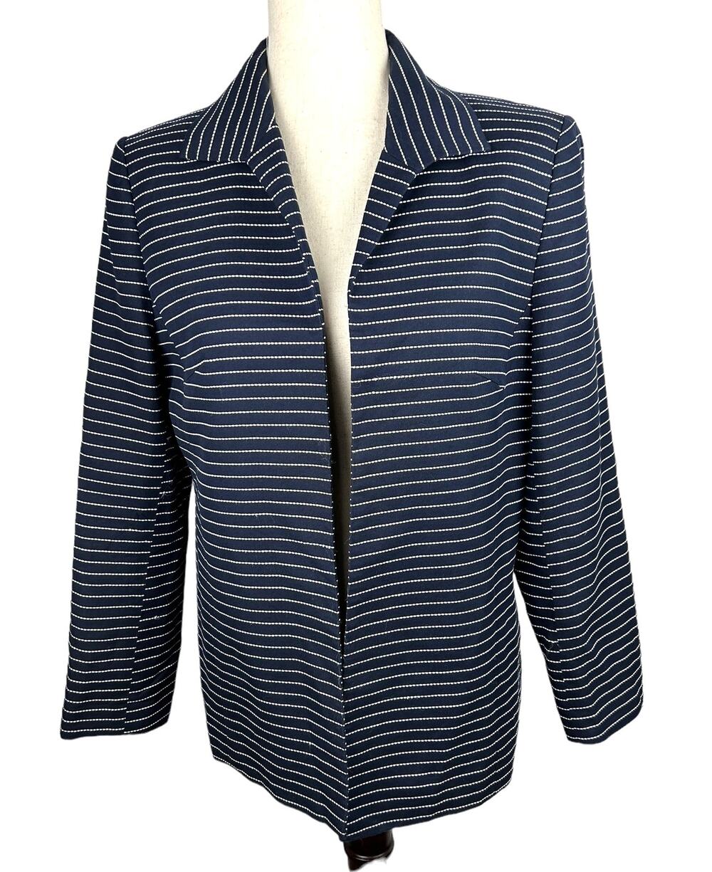 Talbots Classic Open Front Navy and White Stripe Jacket Blazer Sz Petite 10 EUC